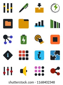Color and black flat icon set - package vector, sorting, settings, touch screen, stop button, menu, folder, charge, application, pen, sound, information, social media