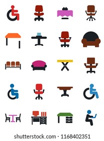 Color and black flat icon set - cafe vector, waiting area, disabled, office chair, desk, picnic table, cushioned furniture, restaurant, man with notebook