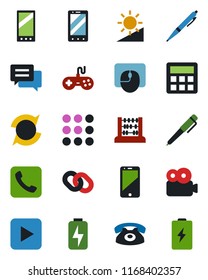 Color and black flat icon set - mobile phone vector, abacus, mouse, gamepad, cell, chain, play button, call, menu, message, calculator, brightness, video, charge, update, pen, battery