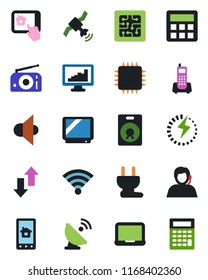 Color and black flat icon set - notebook pc vector, office phone, support, satellite antenna, radio, speaker, tv, calculator, data exchange, wireless, charge, monitor statistics, chip, power plug