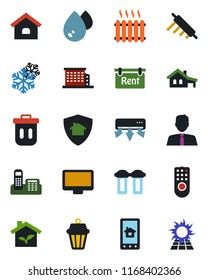 Color and black flat icon set - monitor vector, office phone, house, with garage, rent, building, estate agent, heater, rolling pin, eco, remote control, snowflake, air conditioner, home app, water