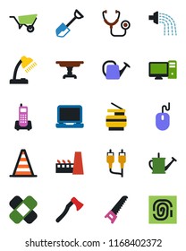 Color and black flat icon set - border cone vector, mouse, shovel, watering can, wheelbarrow, saw, axe, stethoscope, patch, office phone, laptop pc, rca, desk lamp, copier, table, factory
