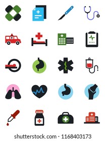 Color and black flat icon set - heart pulse vector, doctor case, diagnosis, stethoscope, dropper, pills bottle, scalpel, patch, tomography, ambulance star, car, hospital bed, stomach, lungs, joint