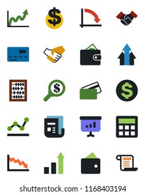 Color and black flat icon set - credit card vector, growth statistic, dollar sign, abacus, crisis graph, news, calculator, point, handshake, arrow up, wallet, money search, presentation, contract