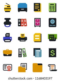 Color and black flat icon set - passport vector, office binder, document, printer, receipt, folder, news, paper, archive box, copier, contract, stamp, case, certificate