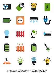 Color and black flat icon set - bulb vector, ripper, battery, rca, desk lamp, heater, air conditioner, socket, power plug, radiator, warm floor, energy saving, idea
