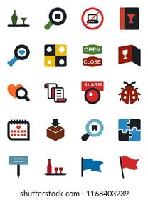 Color and black flat icon set - no laptop vector, contract, lady bug, plant label, heart diagnostic, medical calendar, package, search cargo, application, alcohol, wine card, open close, alarm led
