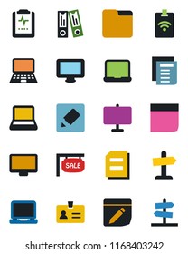 Color and black flat icon set - identity vector, office binder, notebook pc, document, pulse clipboard, monitor, laptop, folder, notes, presentation board, blank box, sale, pass card, guidepost