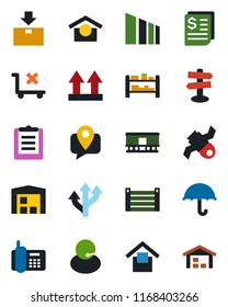 Color and black flat icon set - route vector, signpost, satellite, office phone, support, mobile tracking, receipt, container, clipboard, umbrella, warehouse storage, up side sign, no trolley, rack
