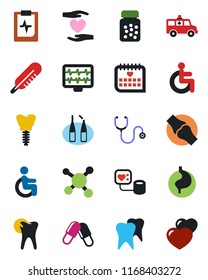 Color and black flat icon set - monitor pulse vector, stethoscope, blood pressure, thermometer, pills, bottle, ampoule, ambulance car, disabled, heart hand, stomach, tooth, caries, implant, joint