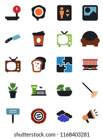 Color and black flat icon set - elevator vector, tv, clouds, airport building, coffee, stamp, flower in pot, rake, plant label, railroad, heavy scales, gallery, application, cushioned furniture