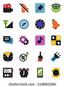Color and black flat icon set - mobile vector, message, camera, settings, themes, clock, alarm, stopwatch, bell, notes, wireless, torch, mute, compass, music, video, cellular signal, application