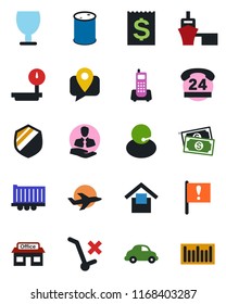 Color and black flat icon set - important flag vector, store, plane, cash, office phone, 24 hours, support, client, mobile tracking, truck trailer, car delivery, receipt, sea port, fragile, shield