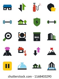 Color and black flat icon set - reception bell vector, garden sprayer, barbell, search cargo, pause button, protect, data exchange, face id, house with tree, mailbox, cook, cafe building, motivation