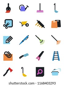 Color and black flat icon set - document search vector, pencil, rake, ladder, watering can, wheelbarrow, saw, axe, themes, cut, paper clip, pen, ladle, rolling pin, cutting board, knife