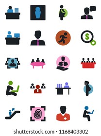 Color and black flat icon set - escalator vector, male, team, meeting, manager place, run, doctor, pregnancy, client, speaker, hr, desk, estate agent, fingerprint, money search, man with notebook