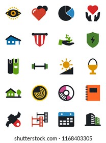 Color and black flat icon set - radar vector, pennant, circle chart, heart, barbell, hand, satellite, film frame, protect, calendar, brightness, eye id, copybook, pie graph, book, house with garage