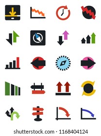 Color and black flat icon set - signpost vector, right arrow, left, crisis graph, route, up side sign, sorting, data exchange, download, compass, update, bar, clock