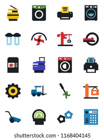 Color and black flat icon set - coffee machine vector, fork loader, gear, ripper, lawn mower, tomography, printer, copier, washer, crane, water filter, combination lock