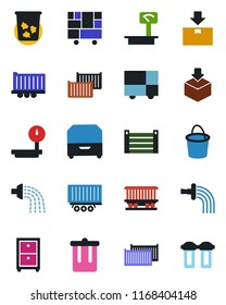 Color and black flat icon set - trash bin vector, bucket, watering, railroad, truck trailer, cargo container, consolidated, package, heavy scales, archive box, water filter