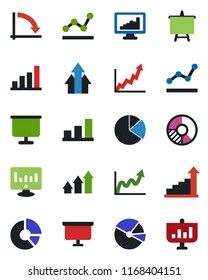 Color and black flat icon set - growth statistic vector, presentation board, crisis graph, monitor, circle chart, statistics, bar, pie, point, arrow up