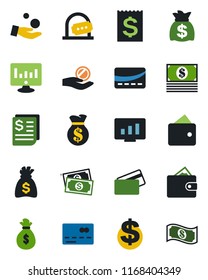 Color and black flat icon set - credit card vector, ticket office, dollar sign, money bag, statistic monitor, cash, receipt, wallet, investment