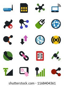 Color and black flat icon set - wireless notebook vector, satellite, network, share, chain, rca, call, sim, data exchange, cellular signal, router, home control app, social media