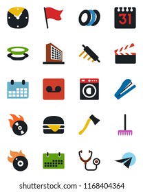 Color and black flat icon set - office building vector, calendar, rake, axe, stethoscope, clapboard, flame disk, clock, record, stapler, washer, plates, hamburger, rolling pin, flag, paper plane
