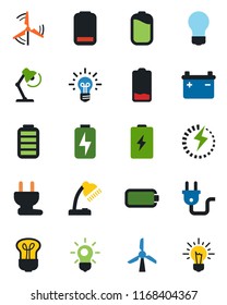 Color and black flat icon set - bulb vector, battery, low, charge, desk lamp, windmill, power plug, idea