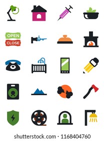 Color and black flat icon set - reception vector, boarding, house, axe, syringe, broken bone, reel, speaker, mobile, protect, desk lamp, pencil, mountains, children room, fireplace, phone, salad