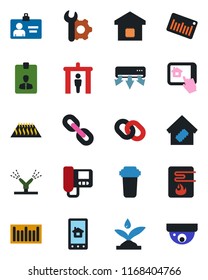 Color and black flat icon set - security gate vector, identity card, barcode, chain, root setup, smart home, irrigation, water heater, air conditioner, intercome, control app, filter, warm floor