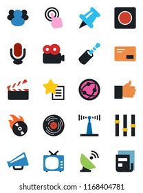 Color and black flat icon set - satellite antenna vector, clapboard, vinyl, flame disk, loudspeaker, tv, settings, microphone, network, touch screen, group, finger up, favorites list, paper pin