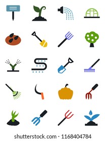 Color and black flat icon set - job vector, garden fork, shovel, farm, rake, watering, sproute, sickle, plant label, pumpkin, greenhouse, seeds, drip irrigation, fruit tree