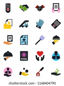 Color and black flat icon set - passport vector, ladder car, document, garden fork, farm, glove, heart hand, client, handshake, estate, waiter, remote control, investment, palm sproute