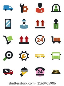 Color and black flat icon set - airport bus vector, 24 around, reception, mobile phone, doctor, hours, car delivery, cargo, up side sign, search, root setup, moving, waiter, warm floor