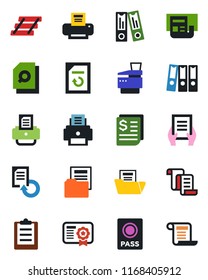 Color and black flat icon set - passport vector, contract, office binder, document, reload, printer, receipt, clipboard, news, folder, search, paper, tray, copier, certificate