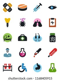 Color And Black Flat Icon Set - Disabled Vector, Doctor Case, Syringe, Blood Test Vial, Dropper, Thermometer, Pills, Bottle, Ampoule, Patch, Hospital Bed, Stomach, Lungs, Implant, Eye, Virus, Flask