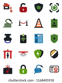 Color and black flat icon set - fence vector, security gate, bomb in case, border cone, identity card, hose, shield, protect, eye id, stamp, lock, home control, combination, pass, sprinkler