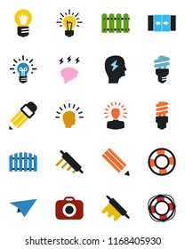 Color and black flat icon set - automatic door vector, brainstorm, bulb, camera, pencil, fence, rolling pin, energy saving, shining head, idea, paper plane, crisis management
