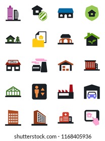Color and black flat icon set - elevator vector, office building, factory, greenhouse, hospital, store, house with tree, garage, warehouse, estate document, city, insurance, cafe, eco