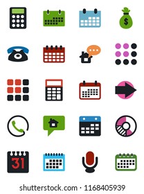 Color and black flat icon set - right arrow vector, calendar, circle chart, microphone, menu, calculator, phone, home message, money bag