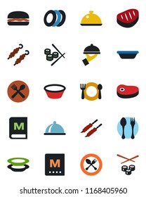 Color and black flat icon set - spoon and fork vector, dish, cafe, menu, plates, waiter, steak, kebab, hamburger, bowl, sushi
