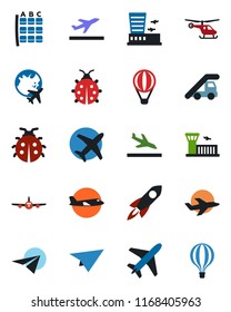 Color and black flat icon set - plane vector, departure, arrival, ladder car, helicopter, seat map, globe, airport building, lady bug, rocket, paper, air balloon