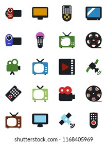 Color and black flat icon set - tv vector, reel, satellite, video camera, remote control, monitor