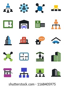 Color and black flat icon set - hierarchy vector, well, molecule, hospital, office building, garage, plan, home message