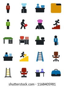 Color and black flat icon set - manager vector, desk, place, ladder, folder, career, cook, office chair, case