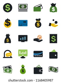 Color and black flat icon set - credit card vector, ticket office, dollar sign, money bag, statistic monitor, cash, receipt, wallet, investment