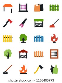 Color and black flat icon set - fence vector, tree, saw, fire, hoe, axe, abacus, table, alcove, cutting board