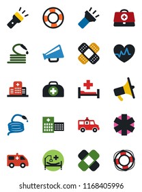 Color and black flat icon set - hose vector, heart pulse, doctor case, patch, ambulance star, car, hospital bed, loudspeaker, torch, crisis management