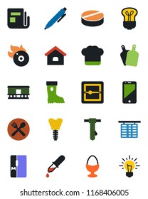 Color and black flat icon set - flight table vector, pen, tie, boot, dropper, pills, implant, railroad, flame disk, news, cell phone, scanner, house, fridge, cafe, cook hat, egg stand, cutting board